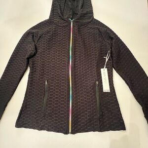 ARA SPORTS BLACK HONEYCOMB PASTEL RAINBOW ZIP FRONT HOODIE. SIZE LARGE